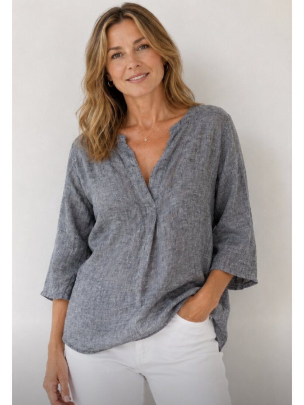 CP SHADES 100% Linen Tunic Top Heathered Black Medium Lagenlook Coastal Minimal
